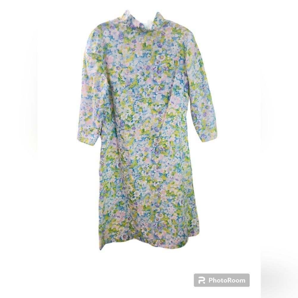 Pastel Cottagecore Vintage 60s Midi Dress 3/4 sleeve Tent Mod Floral Spring